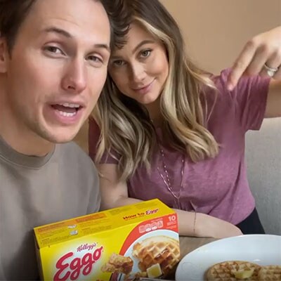 Shawn Johnson pointing at a box of Eggo waffles