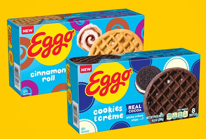 Eggo Cinnamon Roll and Cookie and Creme Waffle packages